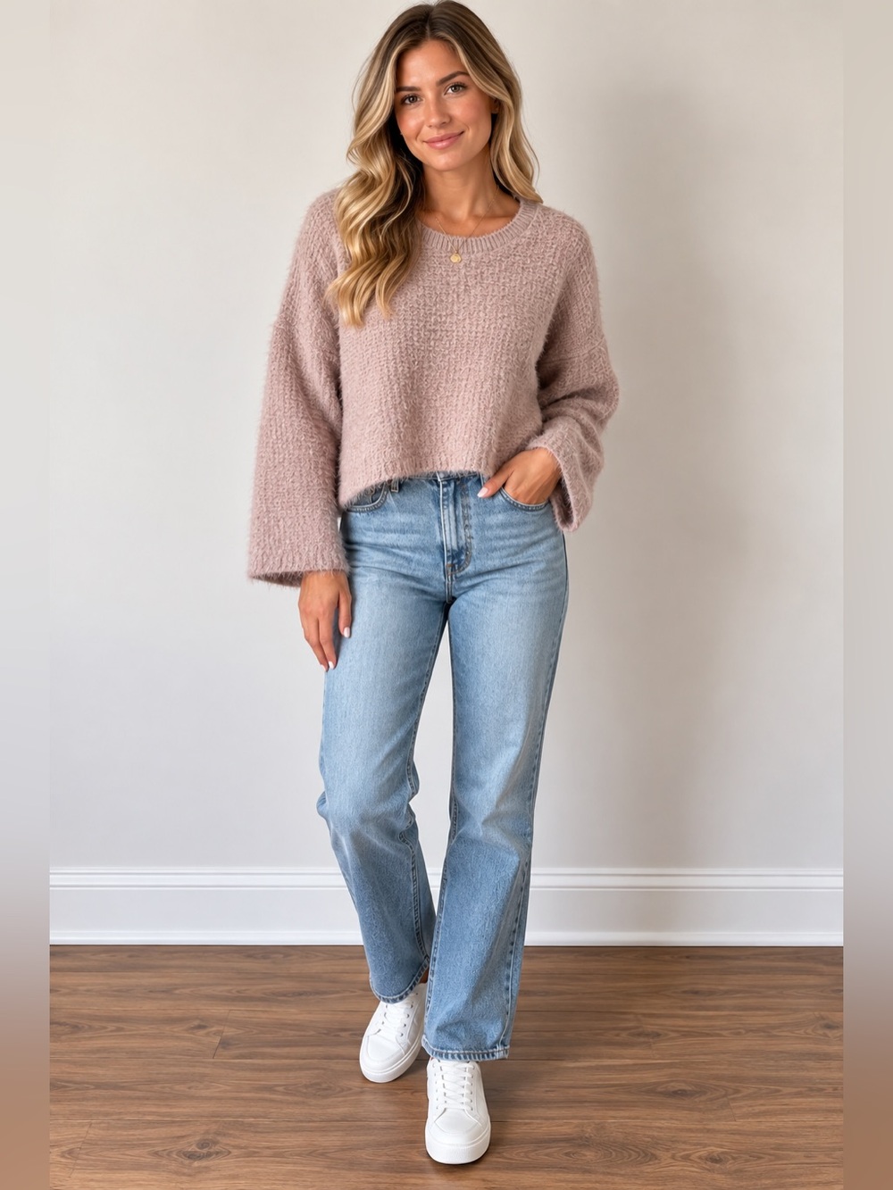 Zara Light Mauve Fuzzy Crewneck Sweater